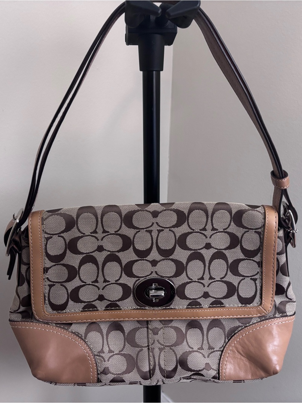 Coach Brown Signature Canvas Shoulder Bag with Tan Leather Trim